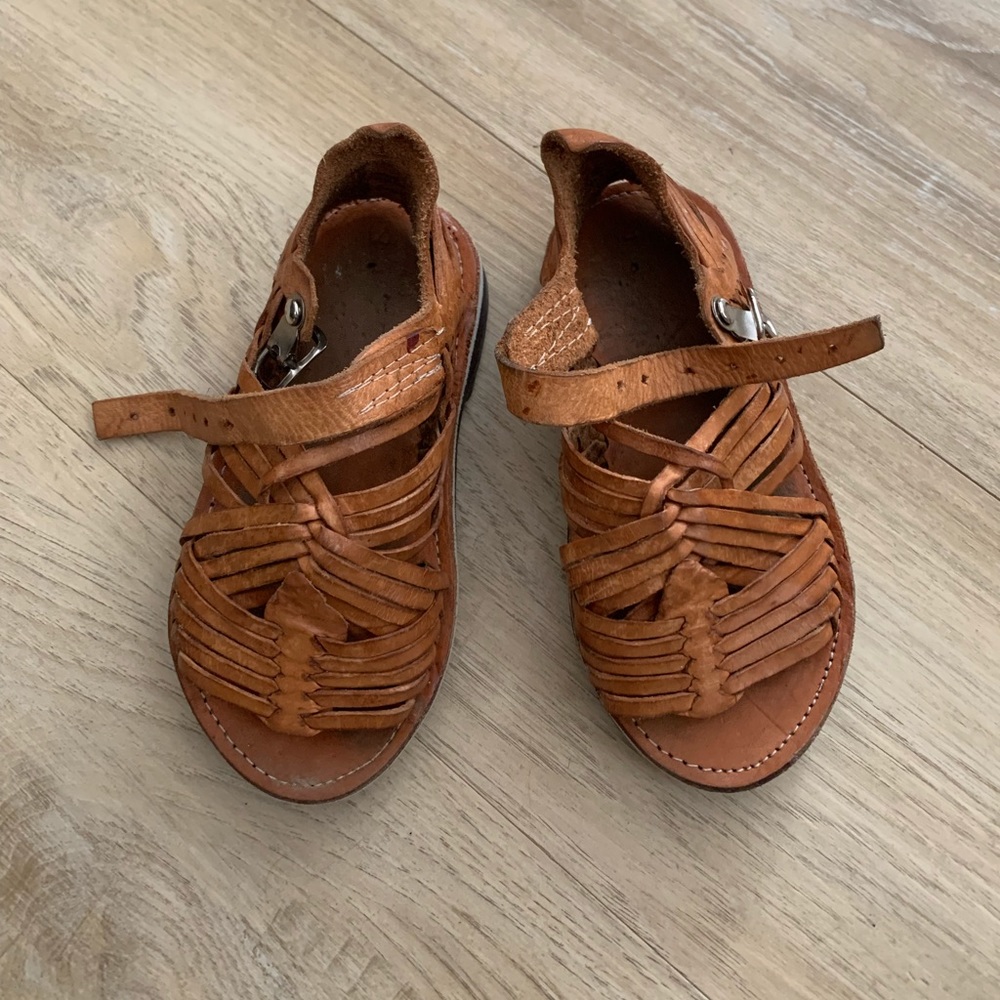 Kids Tan Woven Leather Sandals with Ankle Strap